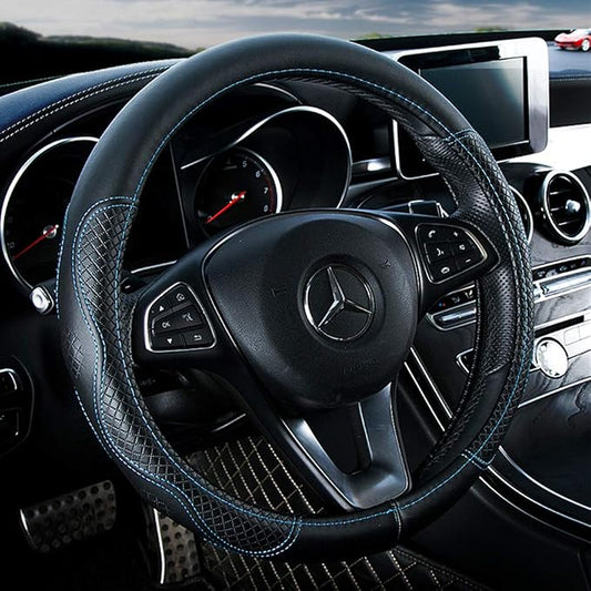 Red Rain Black and Blue Leather Steering Wheel Cover Cowhide Car Steering Wheel Cover Universal Size M / 15inch Fit Car/Auto/SUV (A-Black+Blue-M)