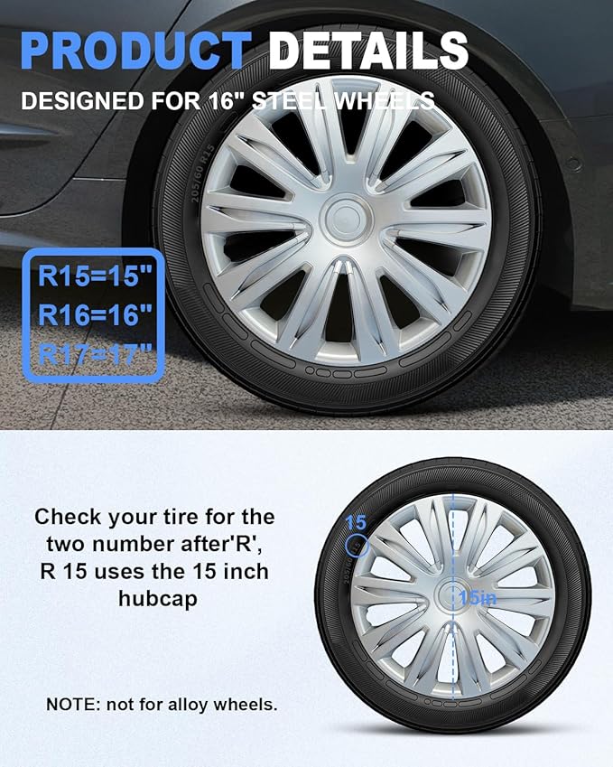 ABX Hubcaps,15 inch hubcaps Set of 4, Wheel Rim Cover ABS Material, Snap On Car Truck SUV Replacement, for Toyota Camry Nissan Mazda etc, Silver