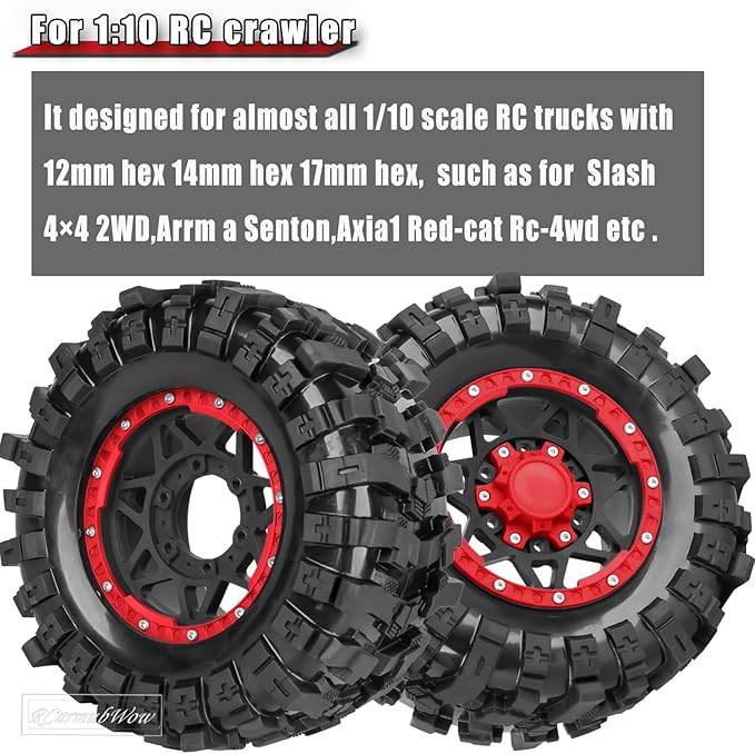1/10 Scale RC Truck Tires,Wheels and Tires w/12/14/17MM Hex for Rustler Stampede Hoss,Arrm a Granite Vorteks Big Rock 3S,1/10 Off Road Tires Rubber Truck Tyres w/Foam Insert,Black w/Red
