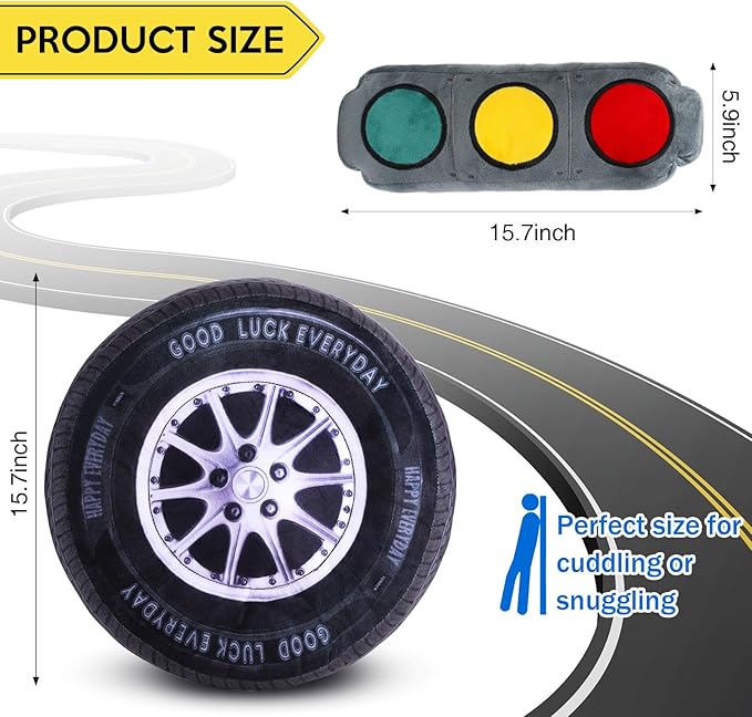 Woanger 2 Pcs Race Car Room Decor Racing Plush Throw Pillow Set Gift 15.7 Inch Soft 3D Simulation Wheel Pillow Funny Tire Cone Traffic Light and Stop for Valentines Bedroom Decorations(Traffic Light)