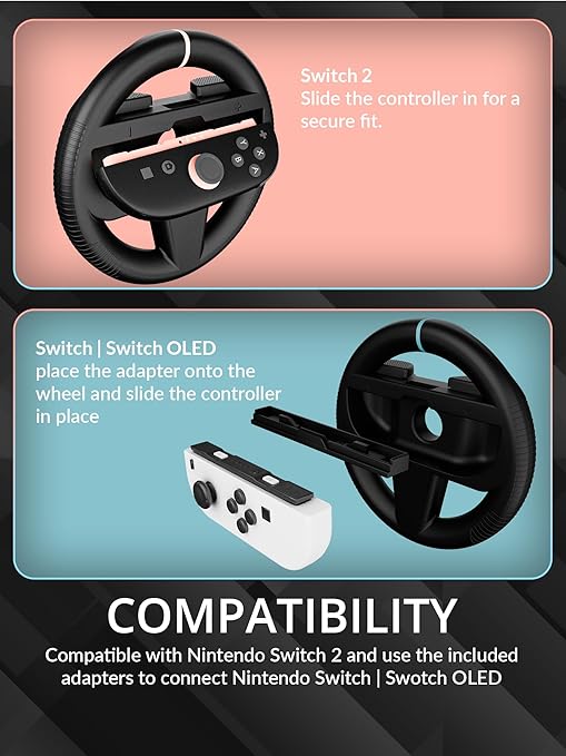 Orzly Steering Wheels – Compatible with Switch 2 (2025 Console) – Twin Pack Racing Wheel Accessories for Joy-Con Controllers and MarioKart Racing Games (2 Black Wheels) Gift Boxed