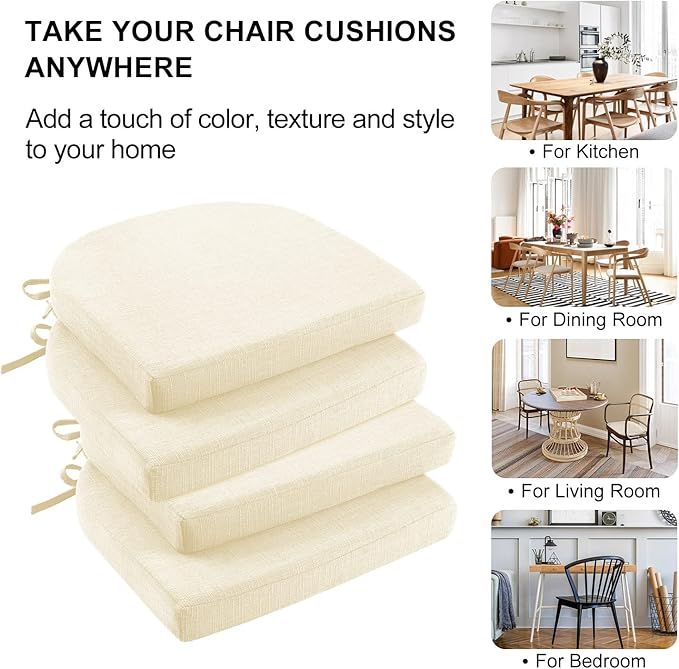 Wellsin Chair Cushions for Dining Chairs 4 Pack - Kitchen Chair Cushions with Ties and Non-Slip Backing - Dining Chair Pads 16"X16"X2", Beige