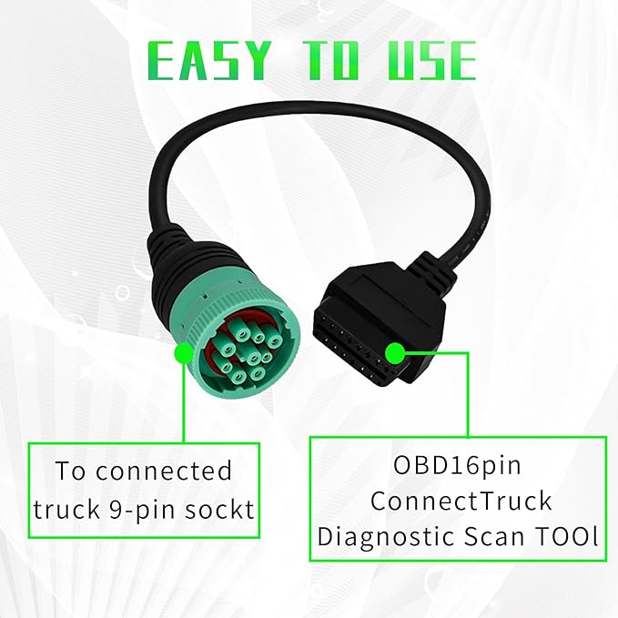 J1939 Adapter Cable for Heavy Duty Trucks and Commercial Vehicles,Green Type 2 J1939 Male to 16pin OBD2 Female Cable,9 Pin to OBD2 Adapter Connector Work with OBD Scanner for Diesel Trucks