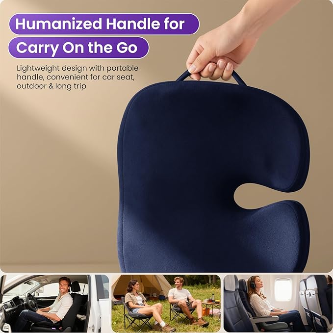 ZZ-WELL Seat Cushions for Office Chairs - Coccyx Cushion for Tailbone Pain Pressure Relief - Memory Foam Butt Pillows for Sitting, Wheelchair, Car Seat- Carry Handle & Non Slip Bottom (Navy Blue)