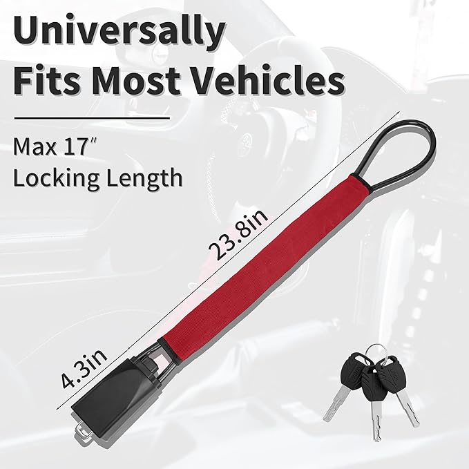 Car Steering Wheel Lock, 1 Pack Anti Theft Car Device with Max 17” Locking Length, Thickened Steel Wire, and Fine Stitched Edges, 3 Keys Included, Easy to Store, Fits Most Vehicles, SUVs（Red）