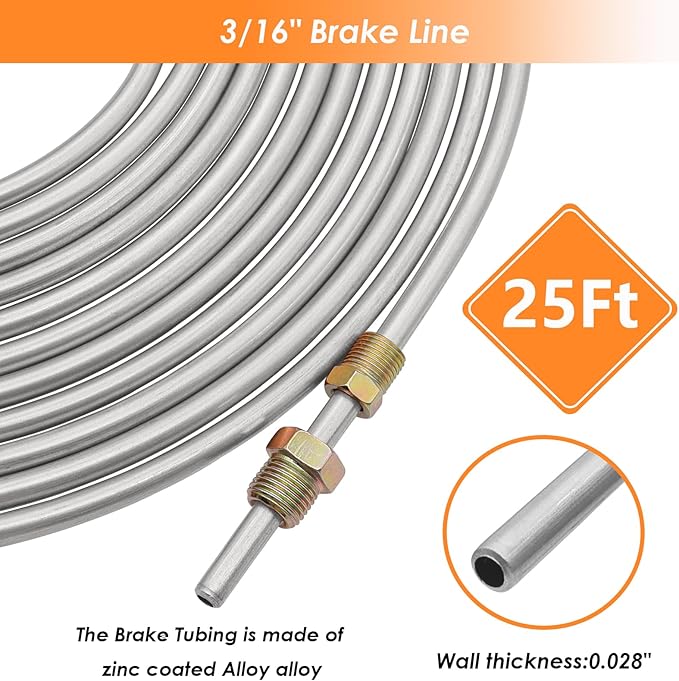 25 ft 3/16inch Zinc Coated Alloy Brake Line Kit(Includes 24 Fittings and 4 Unions) with Double & Single Flaring Tool Kit