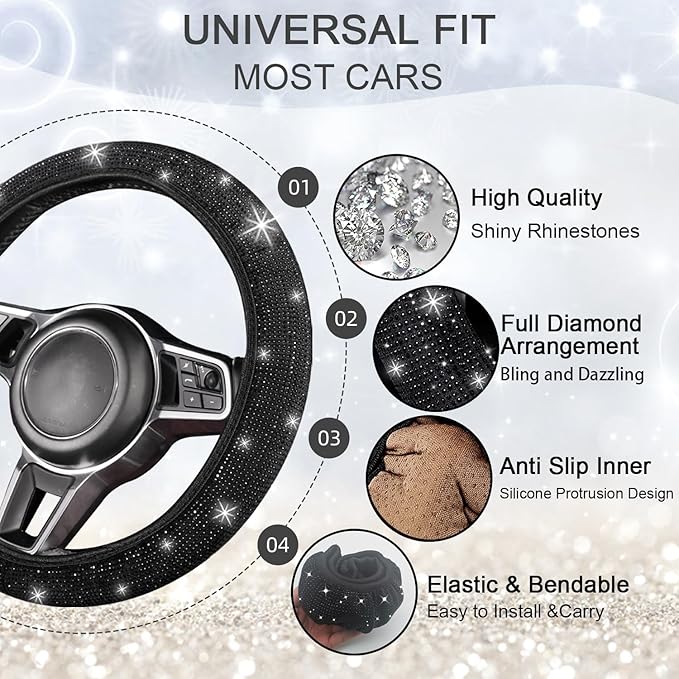 NBTEPEM 12 Pcs Bling Car Accessories Set for Women Car Floor Mats Full Set Steering Wheel Cover Seat Belt Covers Coasters Universal Fit Car SUV Truck Van Black