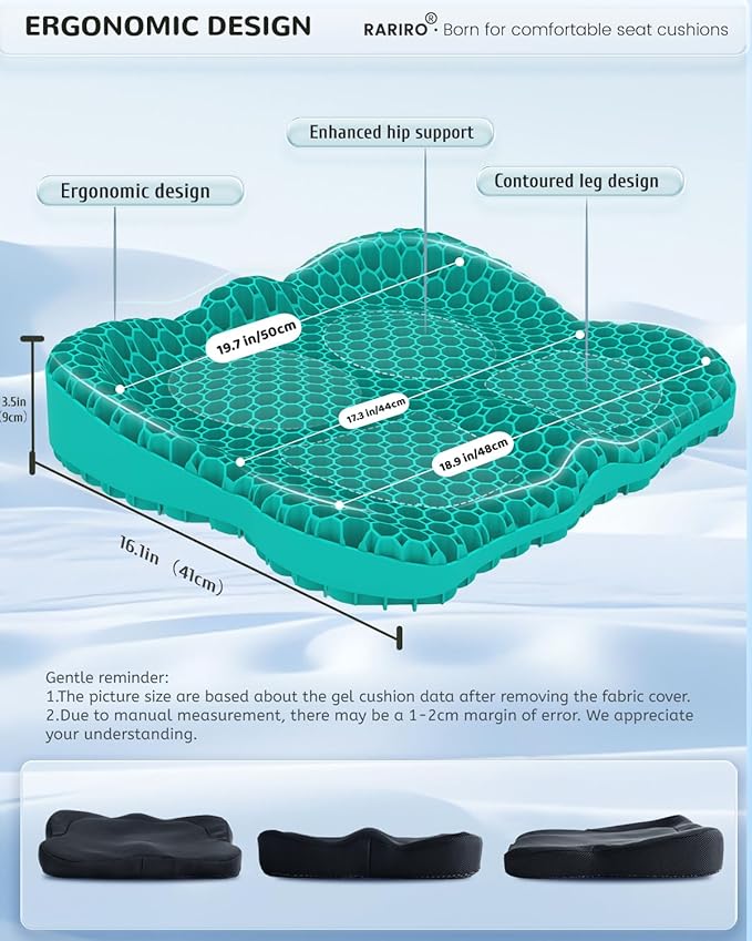 Gel Seat Cushion for Long Sitting(Enlarged&Thickened), Cooling Pressure Relief Seat Cushion for Wheelchair, Driving, Kayak, Office Desk Chair Seat Pad Gel for Heavy People[Green-19.7" Large]