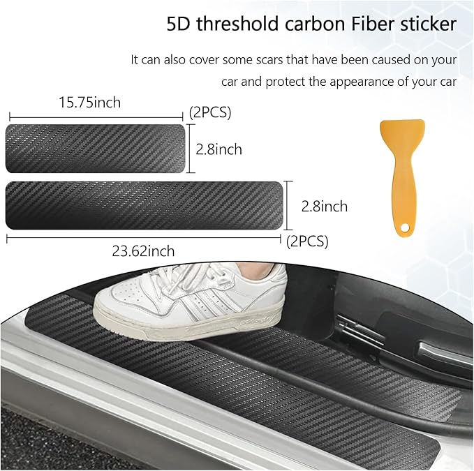 Dickno 4 PCS Car Door Sill Protector, 5D Carbon Fiber Auto Door Entry Edge Guard Protection Trim, Anti-Scratch Threshold Cover Strips, Sill Protection Sticker for Car SUV Truck (Black)