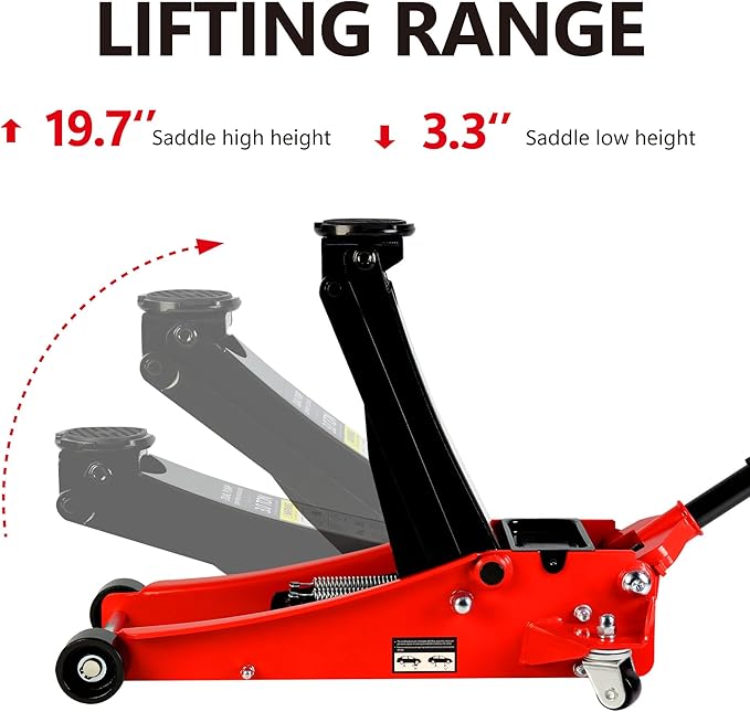 3 Ton Low Profile Trolley Floor Jack, Professional Steel Racing Floor Jack with Dual Pistons Quick Lift Pump,Red Heavy Duty Hydraulic Floor Jack Lifting Range 3.3"-19.7", 3 Ton (6,600 lb) Capacity