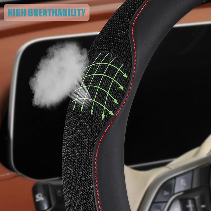 Nappa Leather Steering Wheel Cover, Advanced Microfiber Leather Non-Slip Breathable Fabric, Warm in Winter and Cool in Summer, Black Large 15.5 inch to 16 inch