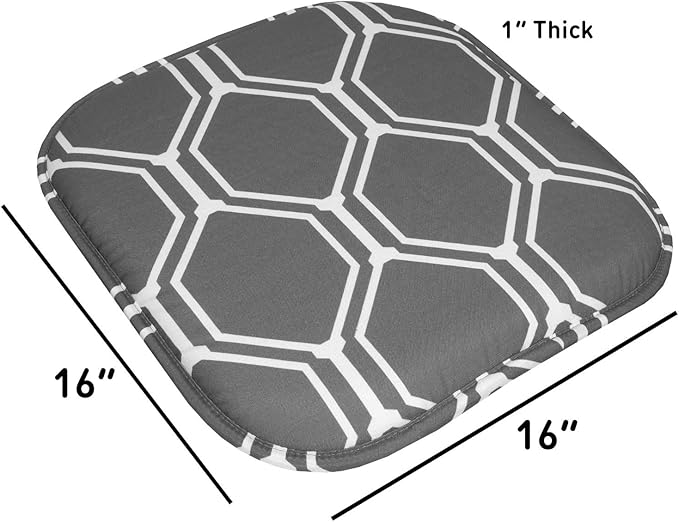 Sweet Home Collection Chair Cushion Memory Foam Pads Honeycomb Pattern Slip Non Skid Rubber Back Rounded Square 16" x 16" Seat Cover, 4 Pack, Mirage Gray/White