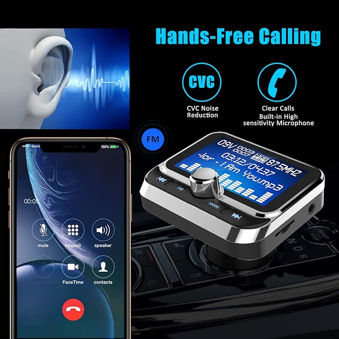 Bluetooth FM Transmitter for Car, Wireless Radio Adapter Hands-Free Kit With 1.8 Inch Display, Dual USB Charger, AUX Input/Output, TF Card Mp3 Player, Silver