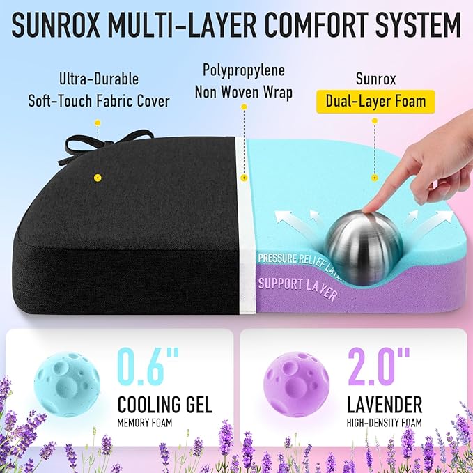 SUNROX Cooling Gel Memory Foam Chair Cushions, 2.6" Thick U-Shaped Dual-Layer Comfort Dining Chair Pads, Non Slip Seat Cushion with Ties for Indoor Kitchen Office 17"x16" Set of 8, Midnight