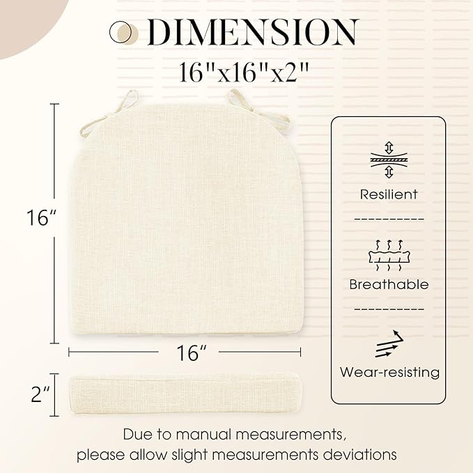 Basic Beyond Chair Cushions for Dining Chairs 6 Pack, Kitchen Chair Cushions with Ties and Non Slip Backing, 16 x 16 inches Chair Pads for Dining Chairs (Beige)