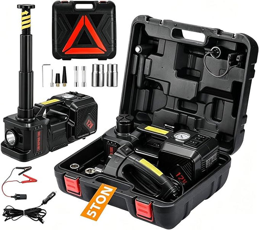 Electric Car Jack Kit 5 Ton 12V Floor Jack Portable Hydraulic Car Jack with Impact Wrench and Tire Inflator Pump for SUV Sedans Tire Change with LED Light, Lifting Height 6 to 17.7 Inch(Black)