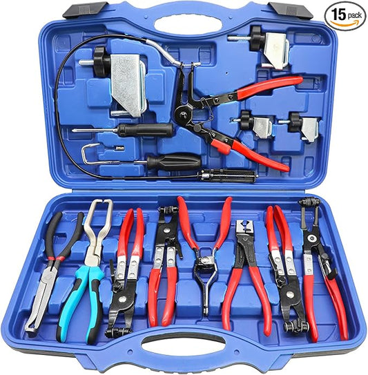 DPTOOL Hose Clamp Pliers Set 15pcs Hose Clamp Removal and Installation Tool Kit for Automotive Coolant Radiator Heater, Water Hose, fuel lines etc, with 2pcs Electrical Disconnect Pliers