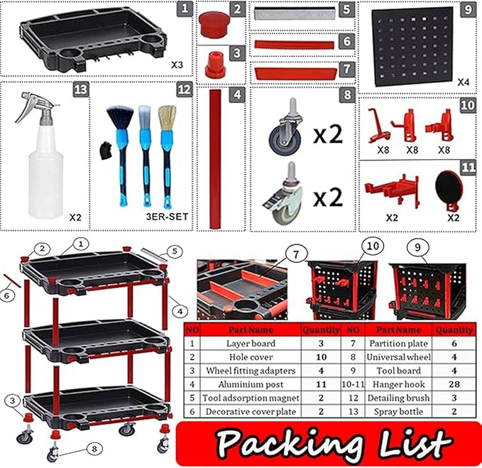 3-Tier Auto Detailing Tool Cart with 4 Hanging Boards & Wheels | Portable Garage, DIY, Home Studio & Workshop Organizer for Car Detailing Tools & Storage