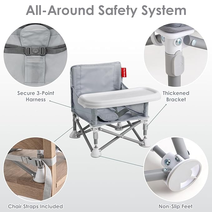 Tiny Marvels Portable Booster Seat, Foldable Baby High Chair with Removable Tray, Safety Harness & Carry Bag – for Toddlers Ages 6M-3Y, Ideal for Dining, Travel, Camping & Family Time