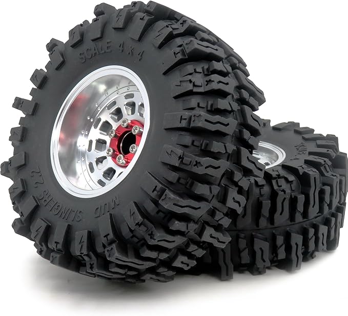 HOBBYSOUL RC 2.2 Beadlock wheels and tires, 124mm Tall 2.2 Mud Slingers Tires & Adjustable Offset 2.2 Wheels Rims Silver For RC Mud Crawler Trail Gen8 Everest 10 Axial Capra Wraith, (4-Pack)