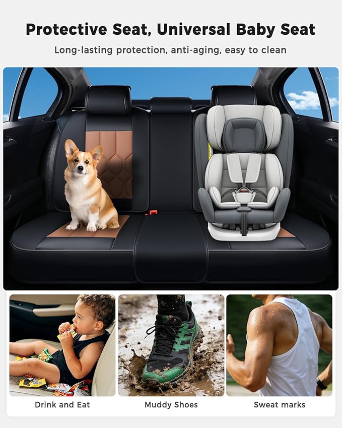 Huidasource Seat Covers Full Set, Universal Fit for Most Cars SUV Trucks, Full Coverage Leather Seat Cover, Airbag, Cupholder Compatible, Seat Function Retain, Easy Install with Velcro, Black & Brown