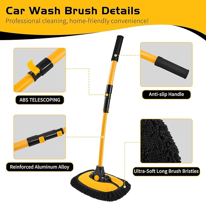 Ordenado 15°Curved Car Wash Brush with Long Handle, 43" Car Cleaning Brush with Extension Pole, Microfiber RV Wash Mop Scratch-Free, Exterior Washer Mop for Washing Roof Truck Camper SUV Caravan Boat