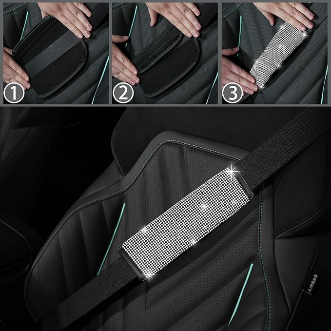NBTEPEM 12 Pcs Bling Car Accessories Set for Women Car Floor Mats Full Set Steering Wheel Cover Seat Belt Covers Coasters Universal Fit Car SUV Truck Van Silver