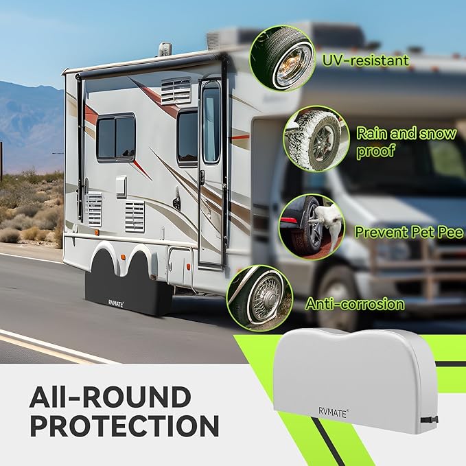RVMATE RV Tire Covers, Dual Axle Wheel Cover (2 Pack) Fits 30"-33" Diameter Tires, Waterproof Anti-UV 420D Oxford Silver Dual Tire Covers RV Accessories for RV/Truck/Trailer