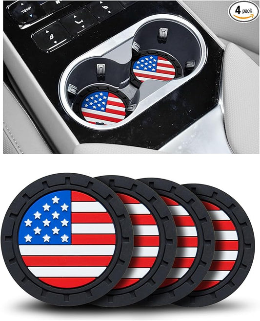 Car Cup Holder Coasters 4 Pack - American Flag 2.75 Inch Anti Slip Shockproof Drink Mat - Vehicle Interior Decor Accessories Colorful