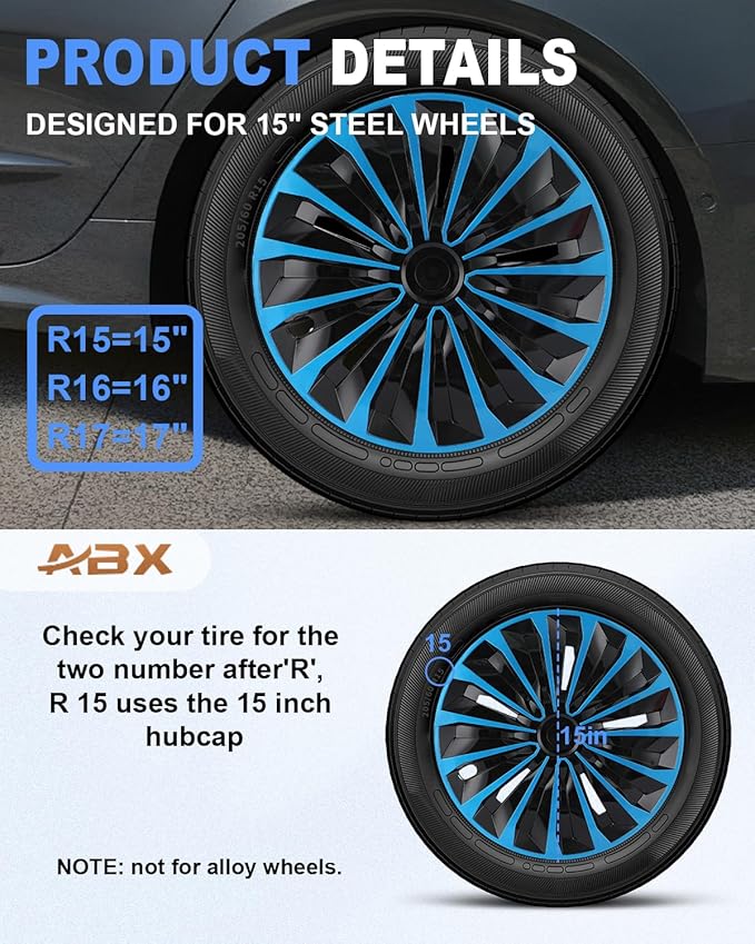 ABX Hubcap Wheel Covers Hub Caps 15 Inch Set of 4 Black & Blue Universal Wheel Rim Cover R15 Stylish Car Decor Wheel Covers for Toyota Camry Nissan Mazda (TT Black & Blue, 15 inch)