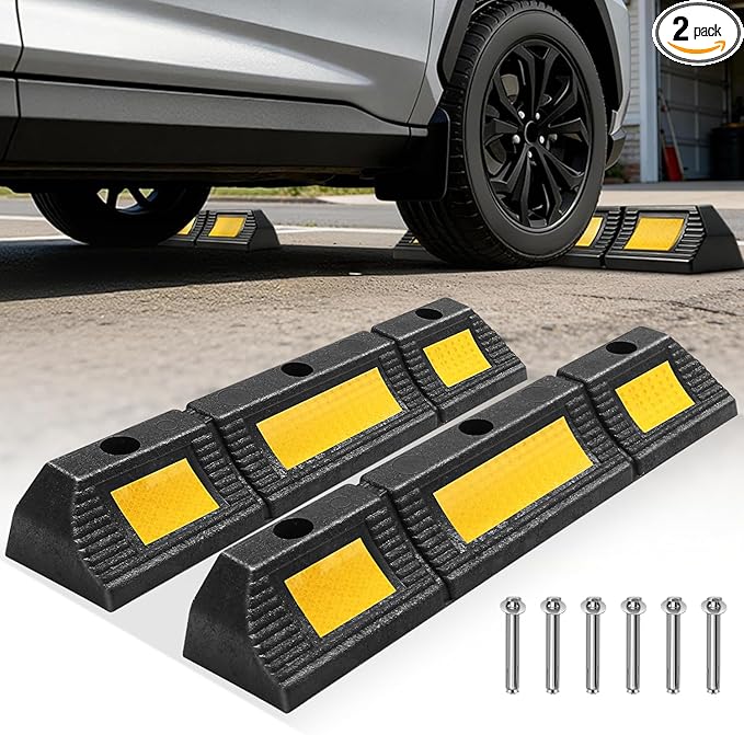 Auto Dynasty 2Pcs Heavy Duty Parking Aid for Garage, 23" Rubber Tire Stops for Garage Floor, High Visibility Garage Car Stopper with Reflective Safety Strips for Car Curb Floor Parking Lot