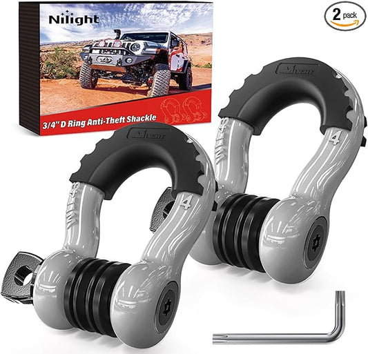 Nilight 3/4 inch D Ring Shackle 2 Pack 19T (41,887 lbs) Break Strength 4.75T WLL Heavy Duty Towing Hook with Anti-Theft System Anti-Rattle Isolators for Truck Jeep SUV ATV UTV Recovery Grey