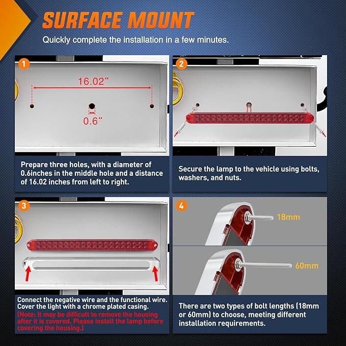 Nilight LED Tail Light 2PCS 17 Inch 40LED Red Running Tail Stop Brake Lights w/Chrome Bezel Waterproof Surface Mount for 12V Towing Trailer Truck RV Camper Boat