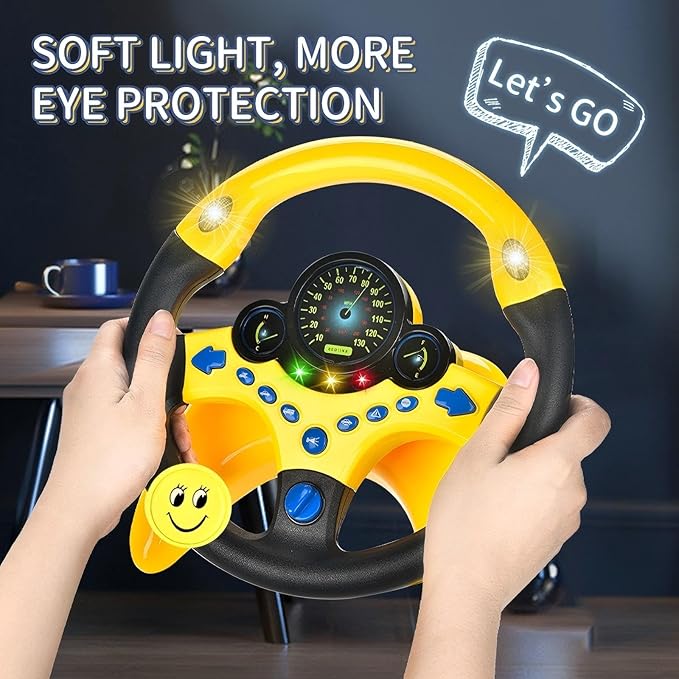 Kids Steering Wheel Toy for Car Backseat with Light and Music,Suction Cups Base-Interactive Simulated Driving Toy Steering Wheel for Kids Boys Girls,Yellow