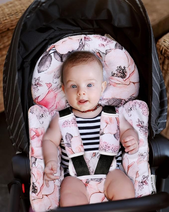 BOMOLOUR Infant Car Seat Insert, Enlarged Head Support for Baby Carseat, Reversible Newborn Insert with 3 Strap Covers, 2-in-1 Baby Car Seat Cushion for Stroller, Swing, Bouncer, Rocker - Pink Floral