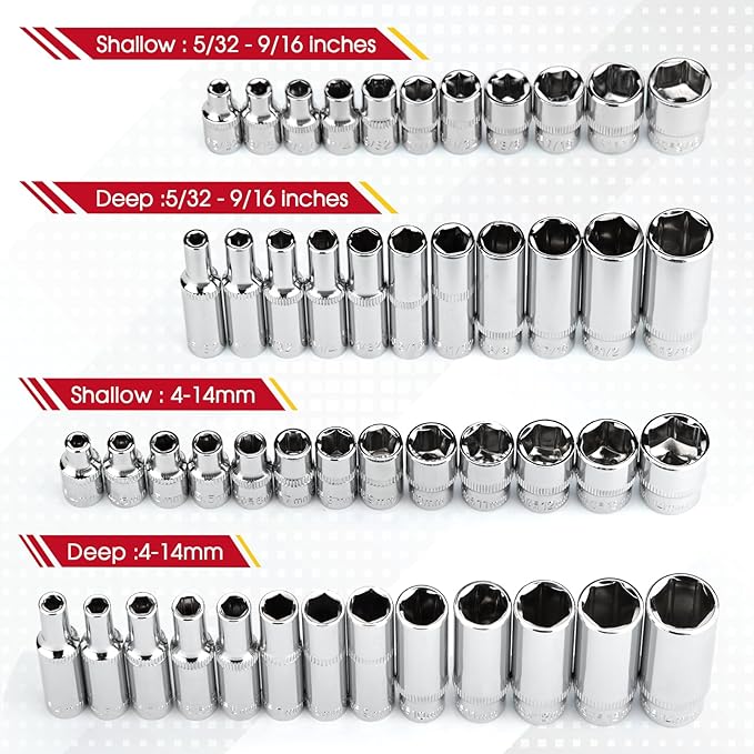 1/4" Drive Socket Set 74-Piece, 1/4” Drive Master Socket Set with Ratchets, 1/4" Drive Bits Set Extensions Bar, Universal Joint (5/32-Inch- 9/16-Inch, 4mm-14mm)