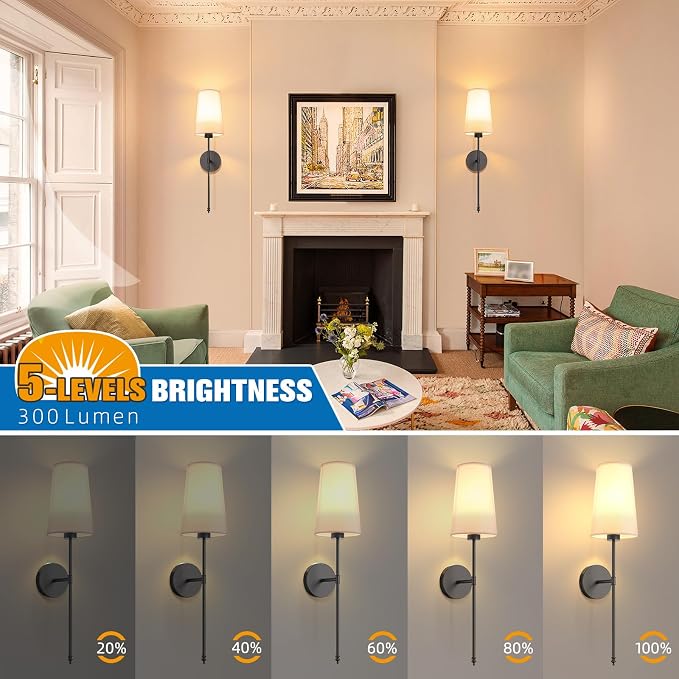 NIORSUN Black Battery Operated Wall Sconce Set of 2,Rechargeable Wall Lights with 10400mAh Dimmable Detachable Bulbs and Remote,9 Colors Wireless Sconces for Bedroom Living Room Hallway