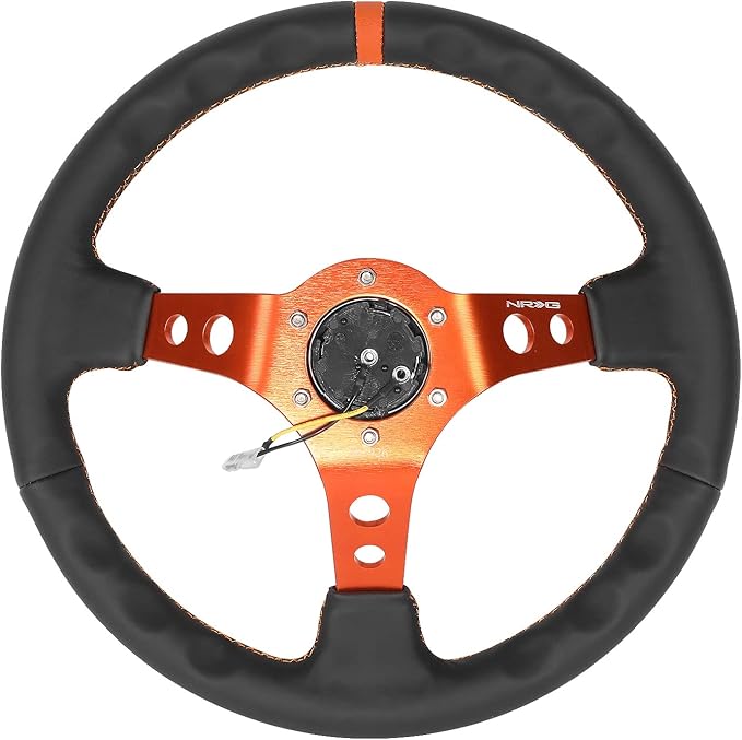 NRG Innovations NRG-RST-006OR Reinforced Steering Wheel 350MM Sport Steering Wheel, Black Leather Orange Center Mark with Orange Stitching and Orange Center Spoke