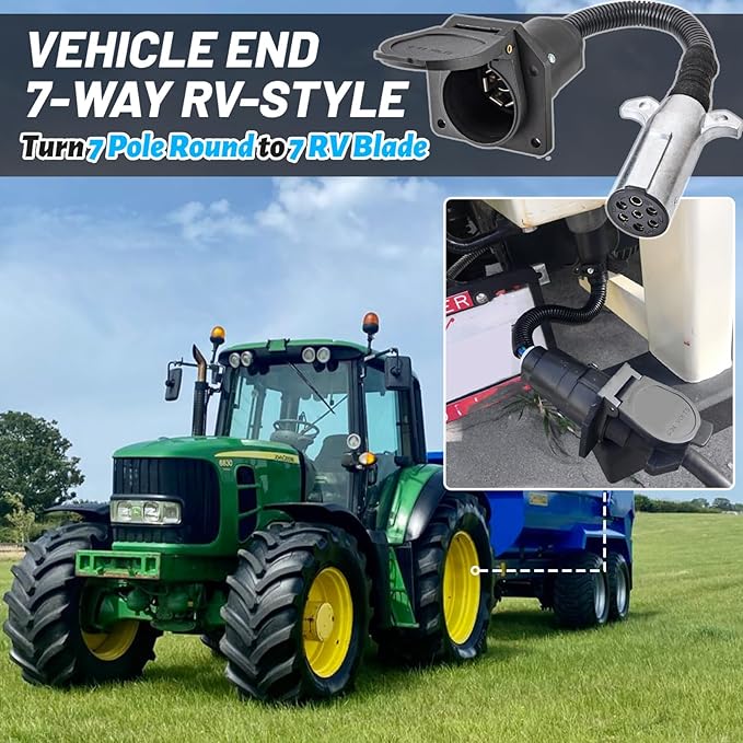 MECMO 7 Pin Round to 7 Pin Flat Adapter for Tractor Towing, 7 Pole Round to 7 Way RV Blade Trailer Connector Plug, SAE J560 Trailer Wiring Harness Adapter for Semi Truck Tractors Commercial Vehicle