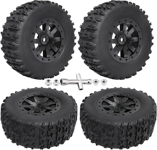 Pre-Glued 1/10 RC Short Course Truck Tires and Wheels Set 12mm Hex for Traxxas Slash 4x4 BL-2S 2WD Redcat Blackout SC Losi SCT Team Associated SC10 HPI, with Foam Inserts (Type 1)