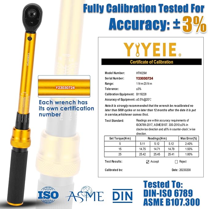 YIYEIE 1/4 Inch Drive Bike Torque Wrench, 1-25 Nm (10-222.5 in.lb), 27 PCS Click Bicycle Torque Wrench with Bit Sockets, 0.1 Nm Micro, 72-Tooth Ratchet, 3/8 Adapter, for MTB, E-Bike, Motorcycle