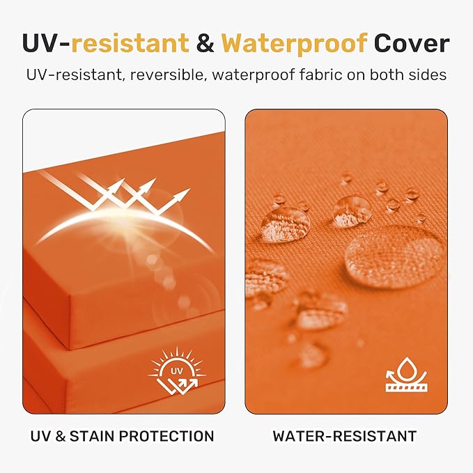 UNIKOME Outdoor Chair Cushions Pack of 4, Water Resistant Patio Cushions with Ties, High Density Sponge Filling Square Corner Seat Cushions for Outdoor Furniture, 18.5"*16"*3", Orange