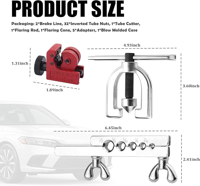 25Ft 1/4" and 3/16" Brake Line Kit,Single & Double Brake Line Flaring Tool Kit with 32 Inverted Fittings and Brakes Flare Tool Kits,Copper Plated Brakes Lines Repair Kits
