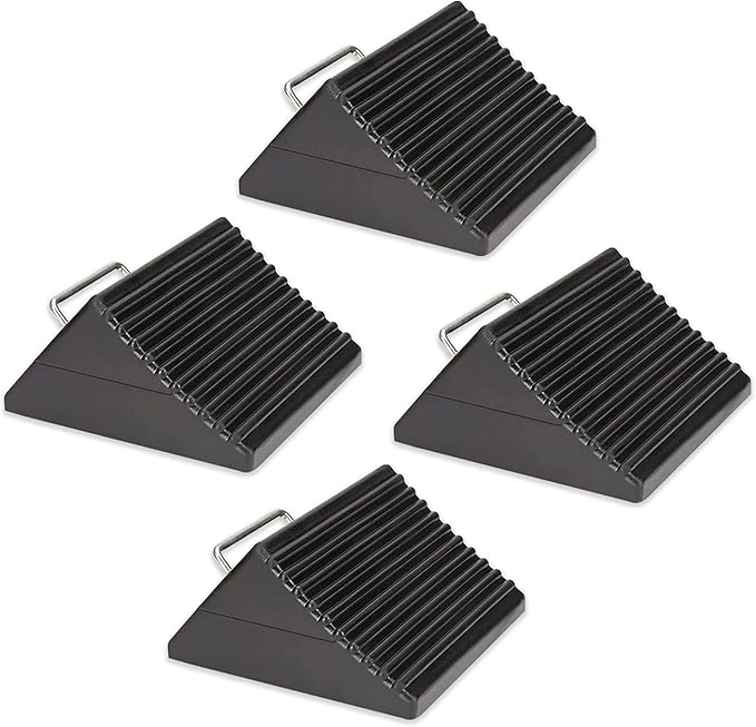 Wheel Chocks for Cars, RVs, Trucks, Trailers, and Vehicles G.V.W. up to 12T, 4 Pack - Anti Slip Bottom Tire Chock for All Weather Use - RV, Travel Trailer, Pop Up Camper Accessory