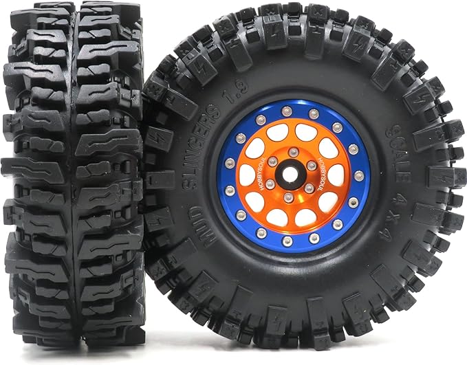 HOBBYSOUL 1.9 Mud Slingers Tires Soft Sticky Tyres 120mm / 4.72inch & Metal 1.9 Beadlock Wheels Orange Blue Rims for 1/10 RC Crawler Trail Traxxas TRX4 Axial SCX10 Redcat Gen8 upgarde