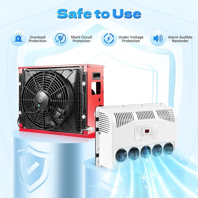 12V 11000 BTU Split Truck Cab Air Conditioner, Heavy Duty AC Unit with Remote Control for Semi Trucks, Buses, RVs, Caravans, Commercial Vehicles – 400-600W, R134A, Red/White