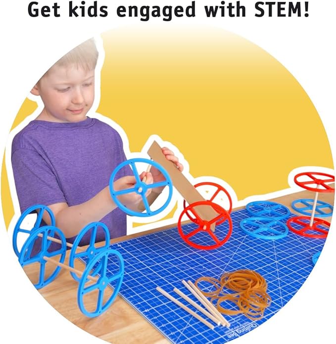 Large Plastic Toy Project Wheels and Axles, for Mousetrap Car and Rubber Band Car Projects, 20 Wheels, 20 Rubber Bands, 10 Dowels
