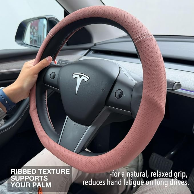 PINCTROT Supported Grip Nappa Leather Steering Wheel Cover for Tesla Model Y/3 Highland/Juniper, D Shaped 14 Inch Small Sized with Breathable Perforation, Flat Bottom 14 Inch(Maple Brown)