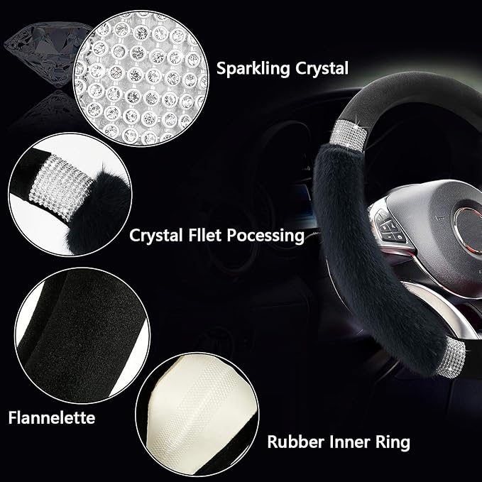 Achiou Rhinestone Fluffy Steering Wheel Cover - Comfortable Non-Slip Luxury Faux Wool, Universal Fit for 14.5" to 15" Steering Wheels