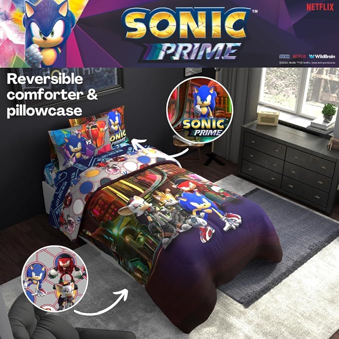 Sonic The Hedgehog Prime Anime Kids Bedding Super Soft Comforter and Sheet Set, 4 Piece Twin Size, (Officially Licensed Product) by Franco
